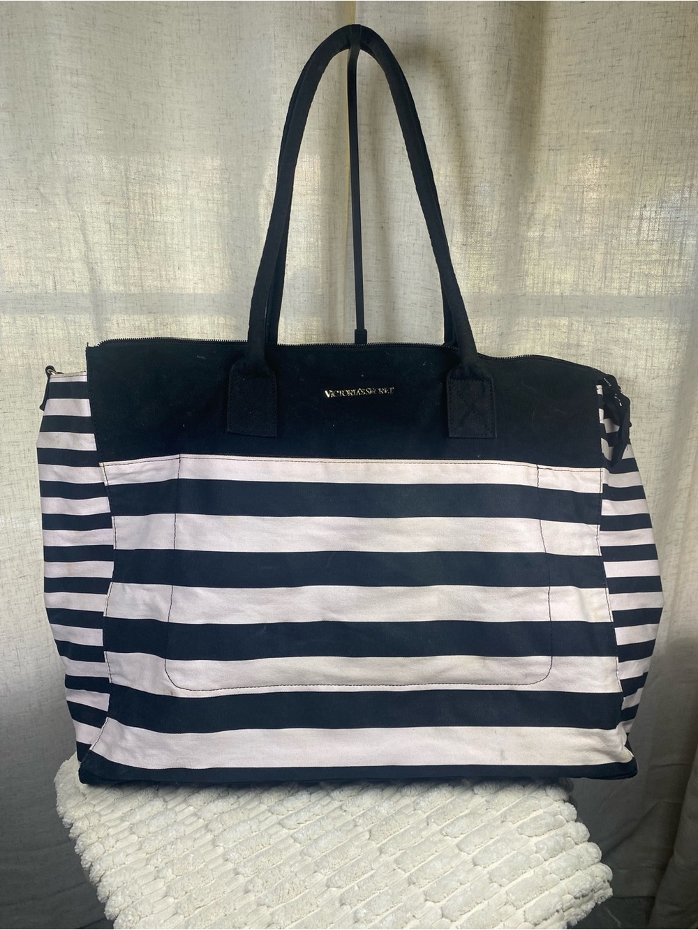 Victoria’s Secret Pink Black Striped Weekender Tote Bag Large Canvas Getaway